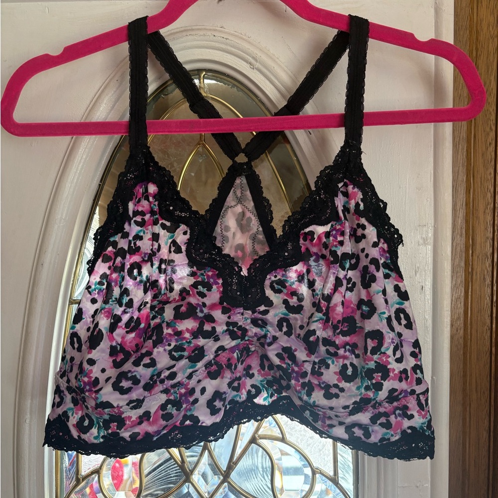 Floral Leopard Lace-Trim Bralette in Pink & Black